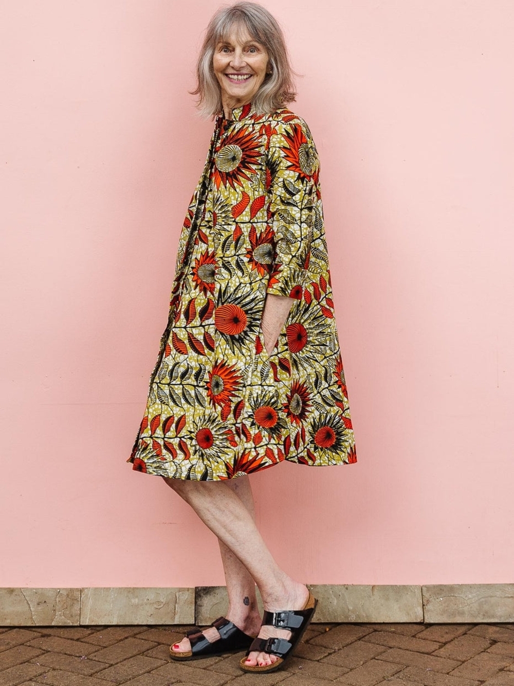 Zuri Kenya Sunflowers A-line Floral Print Cotton Dress in Yellow & Red XL LONG
